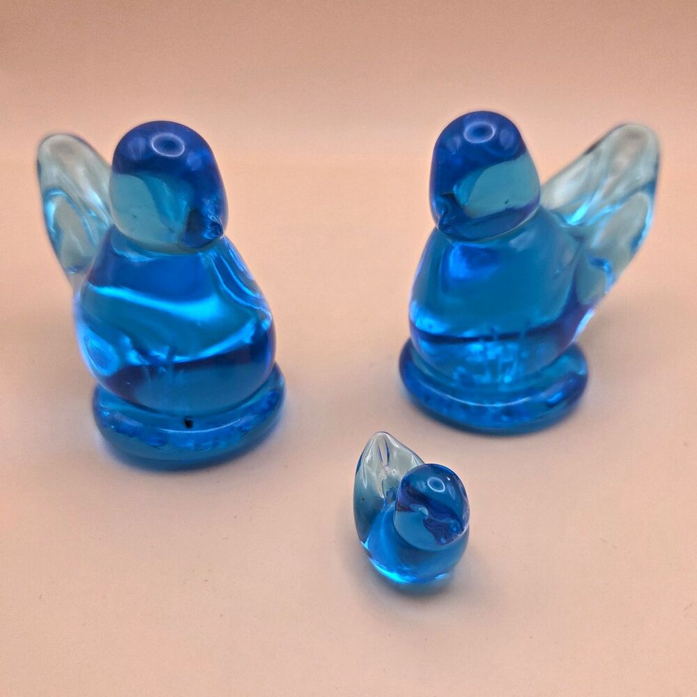 Signed Blue/Clear Art Glass Bird Figurines Set of 3 (2 Large, 1 Small)